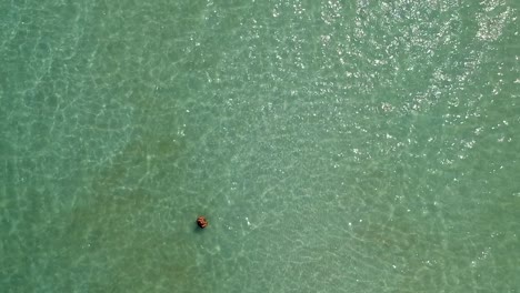 Aerial-of-girl-swimming-in-crystal-clear-blue-sea