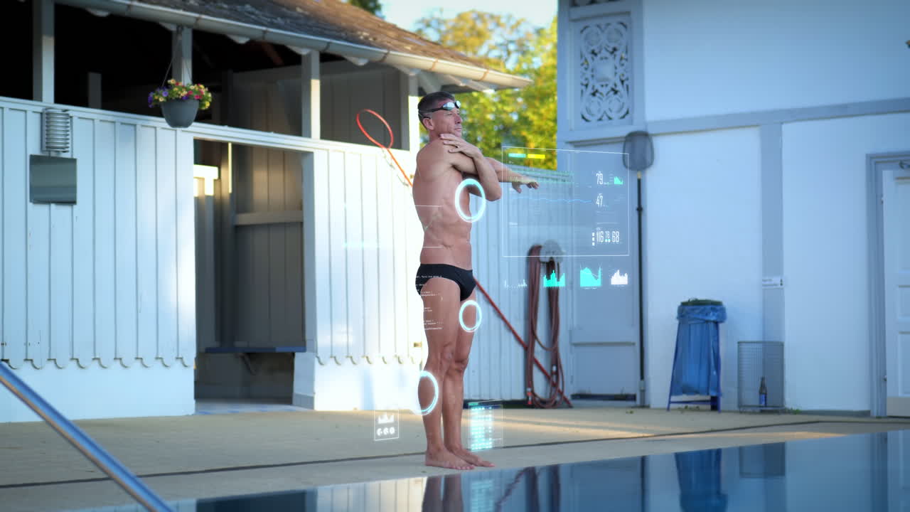 análisis digital de control de salud de un nadador masculino atlético en el borde de la piscina durante las actividades de calentamiento