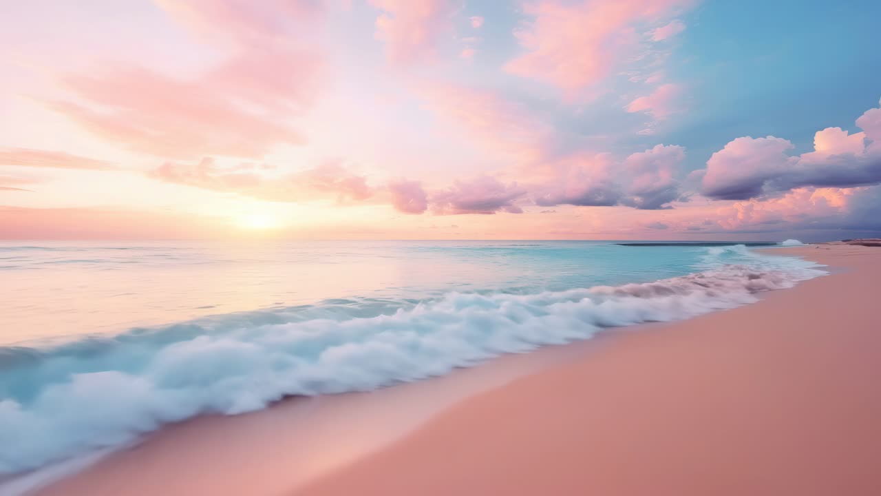 A serene beach sunset with pastel skies and gentle waves, captured from a low angle