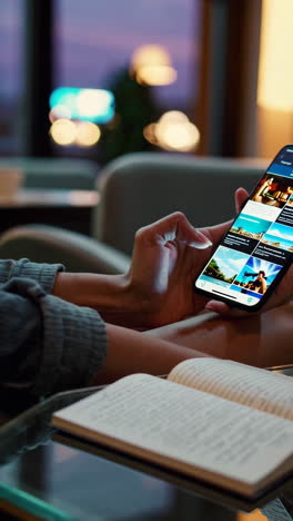 person browsing on a smartphone with an open book on the table