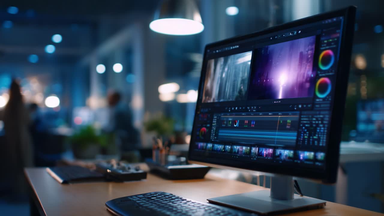 A Sleek Editing Station with a Cinematic Interface Reflecting Creative Work in Progress in a Modern Office Environment, Highlighting Technology and Collaboration