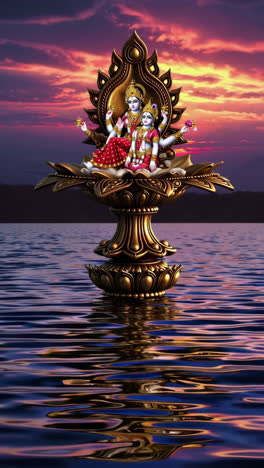 vishnu and lakshmi on a lotus pedestal at sunset