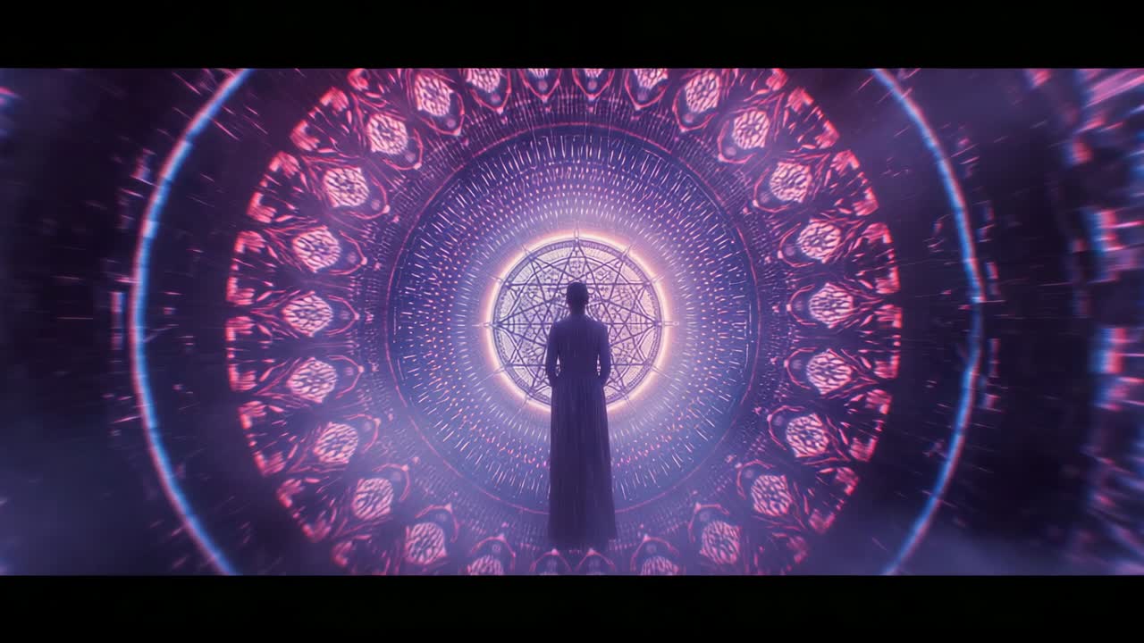 Pulsing rings shifting into light streaks, revealing robed figure before mandala portal core
