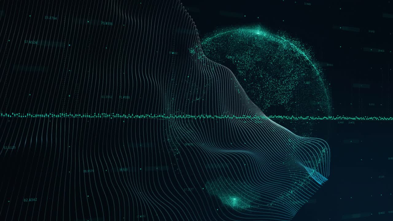 animación de una línea de información digital y un globo de puntos brillantes que se mueven sobre un fondo negro