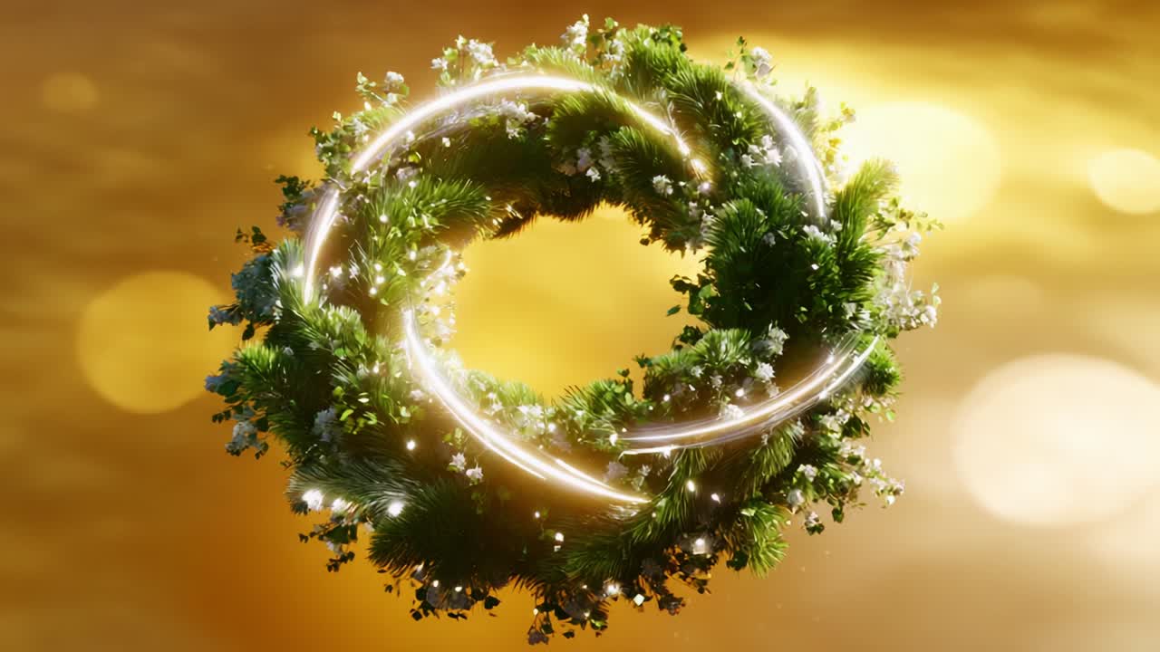 A Stunning Circular Decoration Featuring Lush Greenery and Delicate Flowers Bathed in a Warm, Golden Light, Symbolizing Renewal and Natural Beauty Through Its Vibrant and Eye-Catching Design