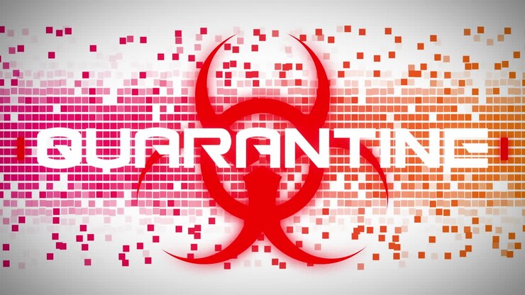Animation of warning text quarantine, over red biohazard symbol and moving red pixels, on grey