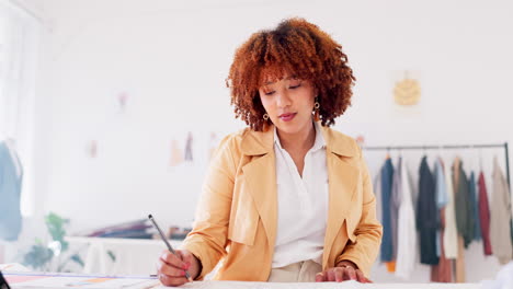 Designer-woman,-writing-and-fashion-in-studio