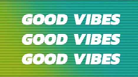 Animation-of-good-vibes-in-white-and-colourful-text-over-parallel-yellow-and-green-lines-on-black