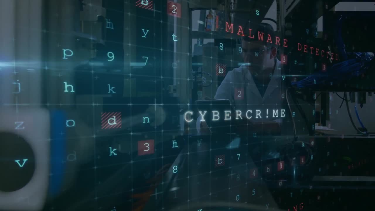 Animation of cyber attack warning over woman with man using computer