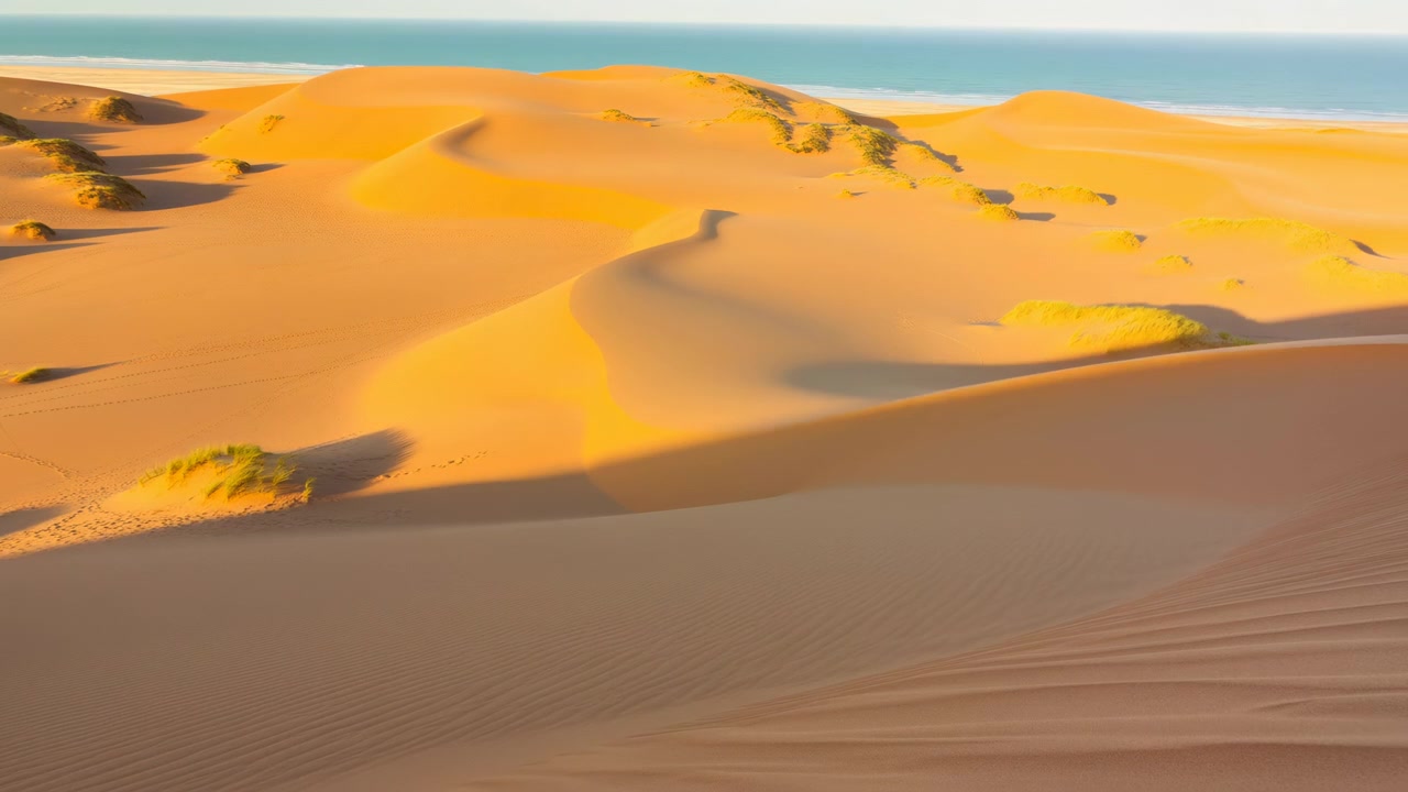 Ampie dune sabbiose con texture increspate ed erba sparsa si ergono verso un mare blu all'orizzonte, creando un tranquillo paesaggio desertico costiero sotto una luminosa luce naturale.