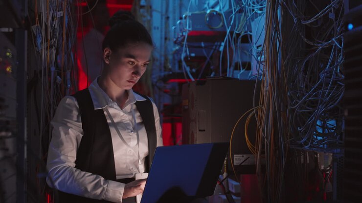 Kvinde, der arbejder i et serverrum i et datacenter