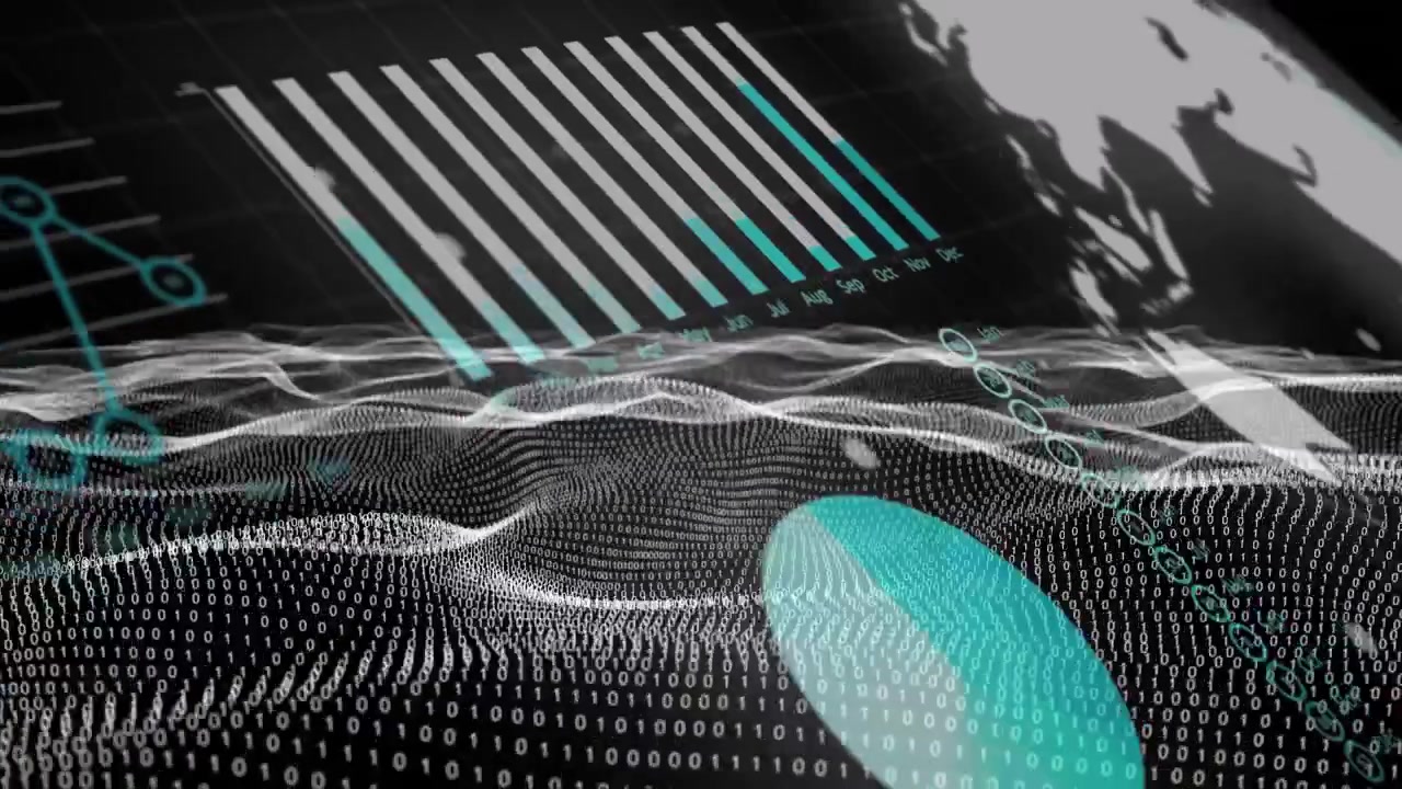 Animation of data processing over waves on black background