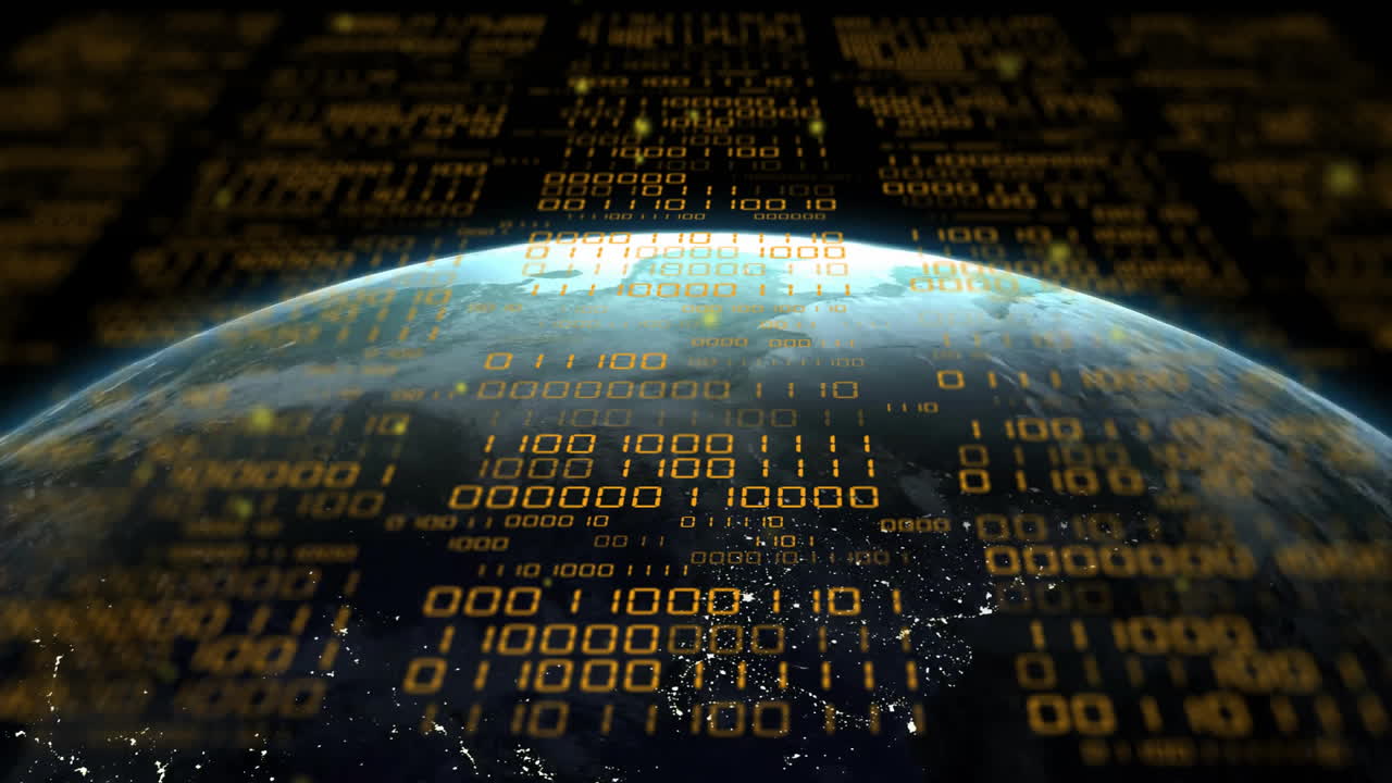 Animation of binary coding data processing over globe