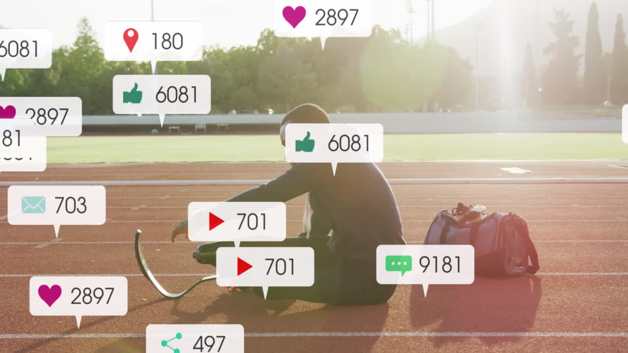 레이스 트랙에서 스트레칭을 하는 아프리카계 미국인 운동선수 위의 알림 바의 애니메이션