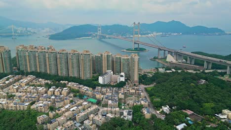 aerial over park island, a private housing estate, on ma wan island, hong kong, china