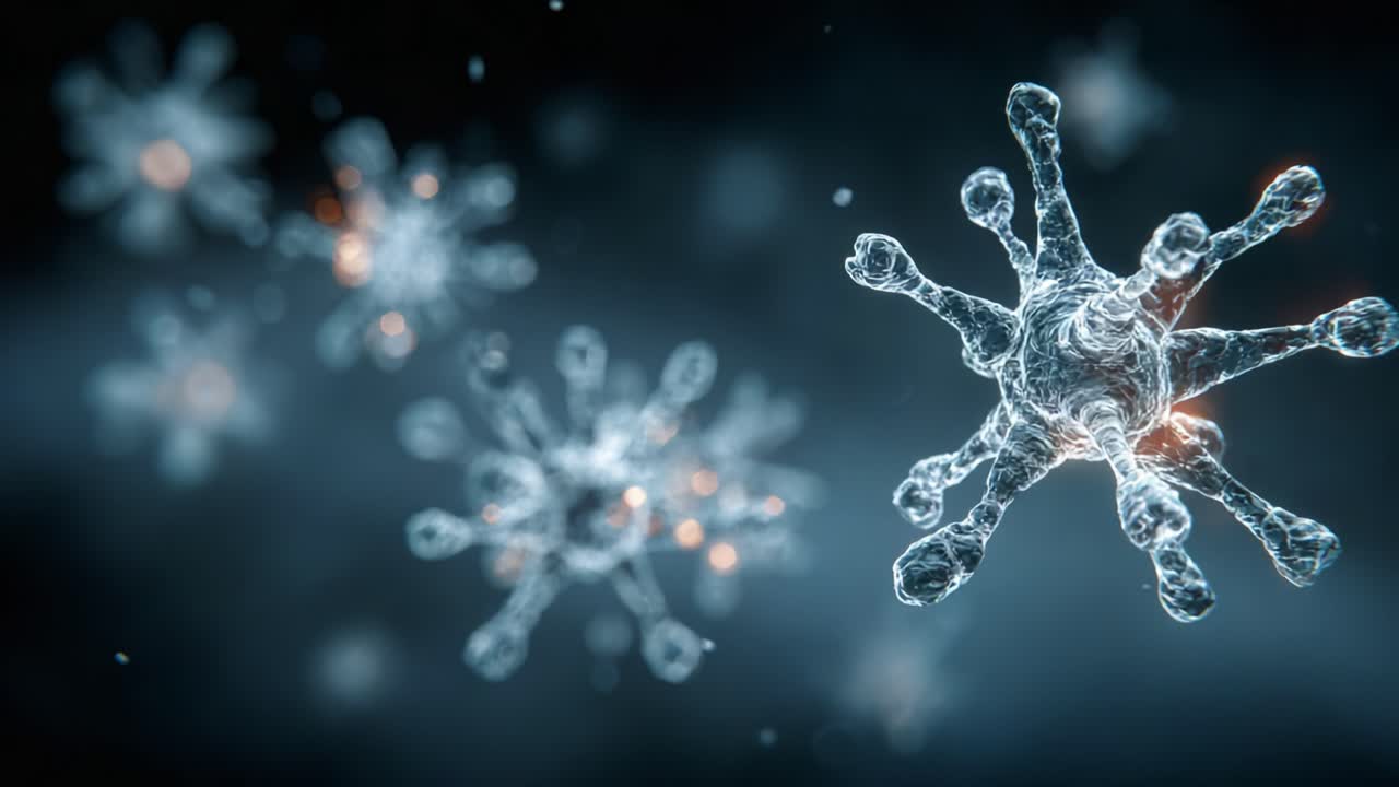 Visual Representation of Viruses in Motion Illustrating Microscopic Structures and Their Complex Interactions in a Dark Background