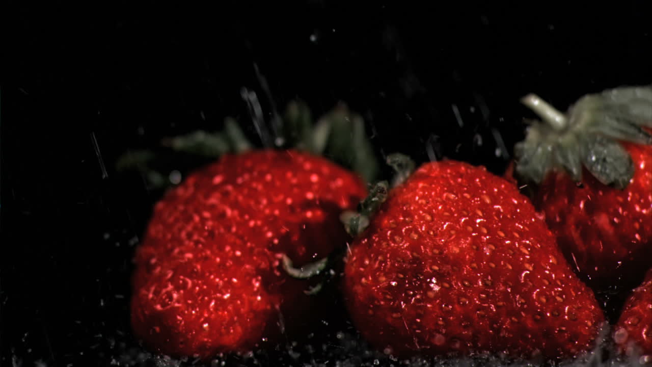 Pioggia in super rallentatore che cade sulle fragole