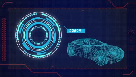Animation-of-illuminated-circles-with-changing-numbers-and-3d-model-of-car-against-blue-background
