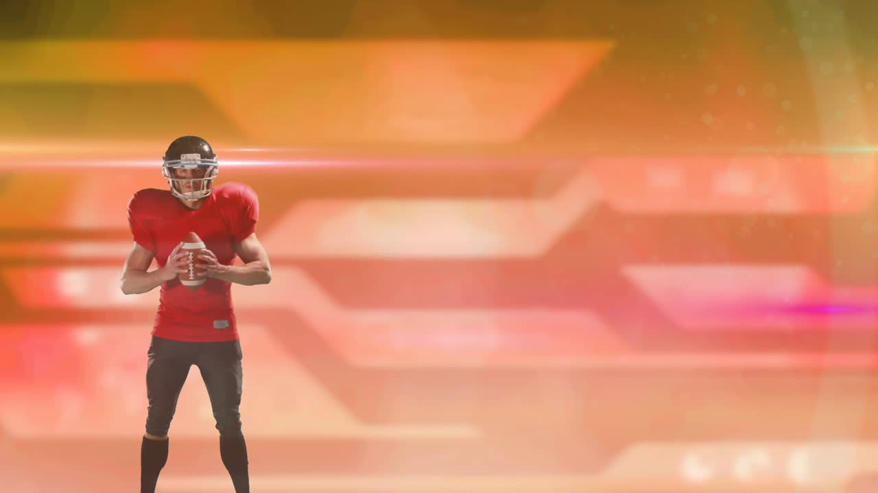 반이는 오렌지색 배경 위에 공을 들고 있는 헬을 입은 아메리칸 볼 선수의 애니메이션