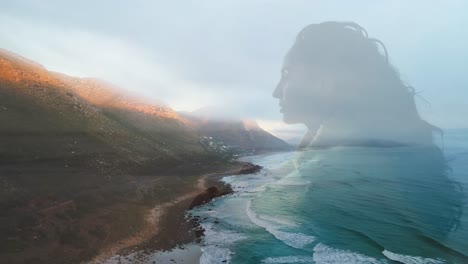 animation of landscape with ocean over caucasian woman at beach