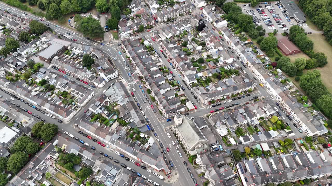 Cardiff Wales streets and houses Overhead birds eye drone aerial view
