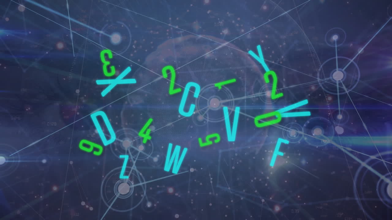 Animation of data processing over globe and letters