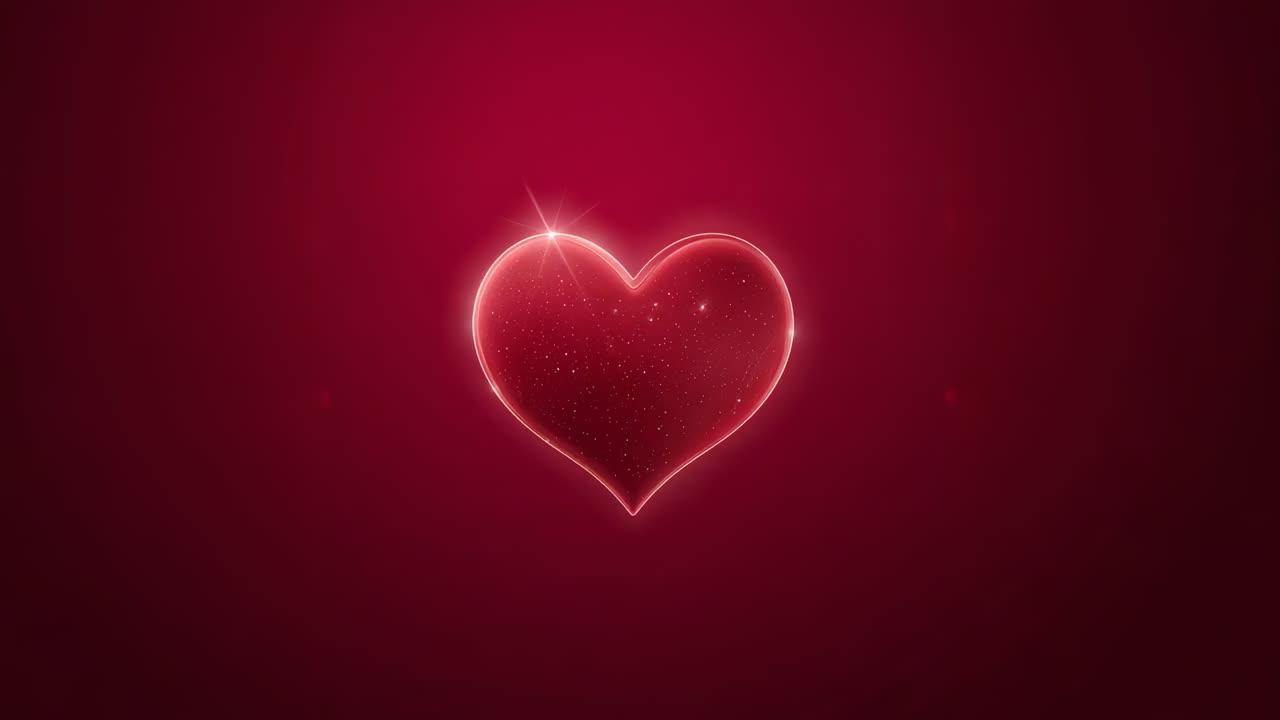 Avvio della riproduzione, rendering in 3D lucido di un cuore che ruota e si trasforma su uno sfondo radiale rosso, mettendo in mostra la forma 3D