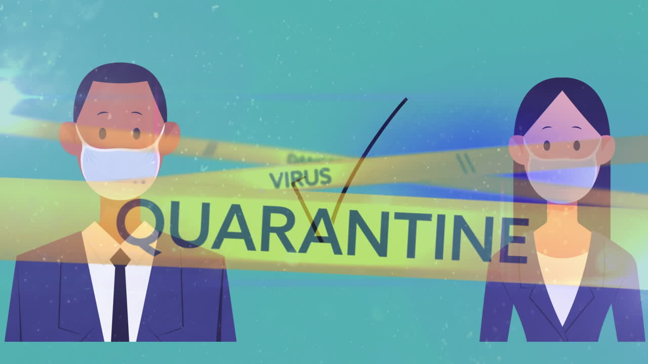 녹색 배경에 얼굴 마스크를 쓰고 있는 남성과 여성에 대한 노란색 경찰 테이프