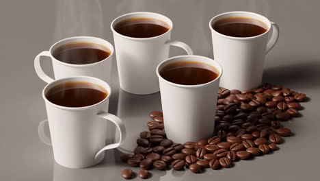 multiple coffee cups with steaming coffee and coffee beans