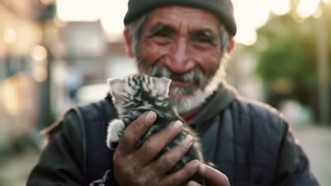 a heartwarming bond: an elderly man joyfully holds a playful kitten as they share a moment of love and connection in a sunlit neighborhood setting