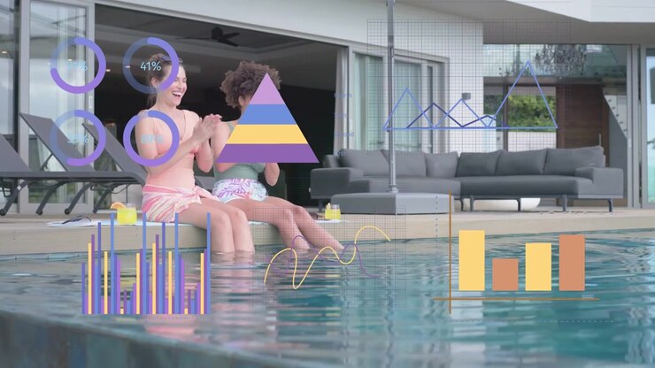 Two women sitting pool phone ping causing scrolling, checking bottle for health via animated charts