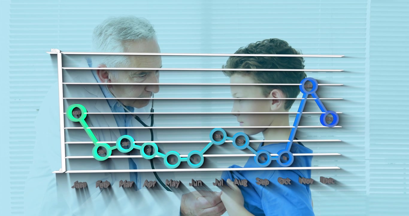 Statistische gegevensverwerking met een Kaukasische senior arts die een Kaukasische jongen onderzoekt in het ziekenhuis.
