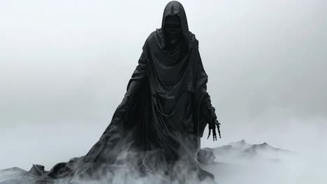 mysterious figure in a foggy landscape