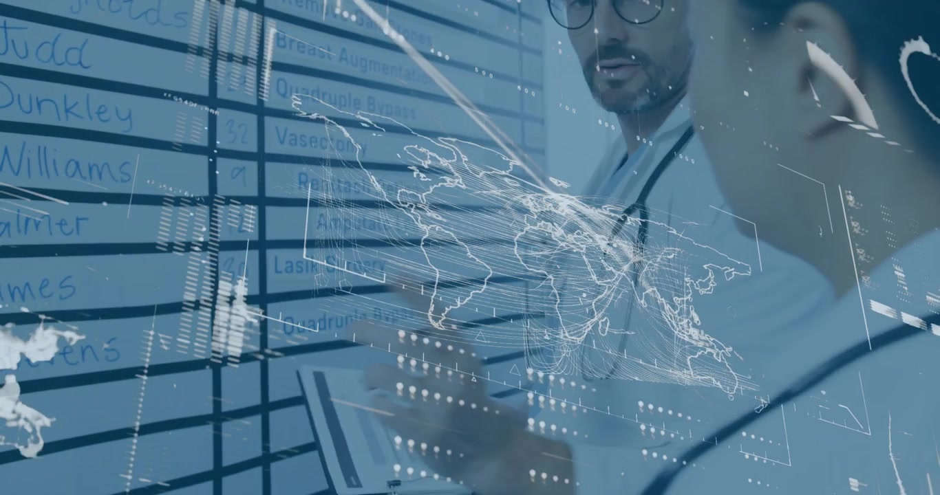 Medical Professionals Reviewing Patient Schedule with Digital Data Overlay