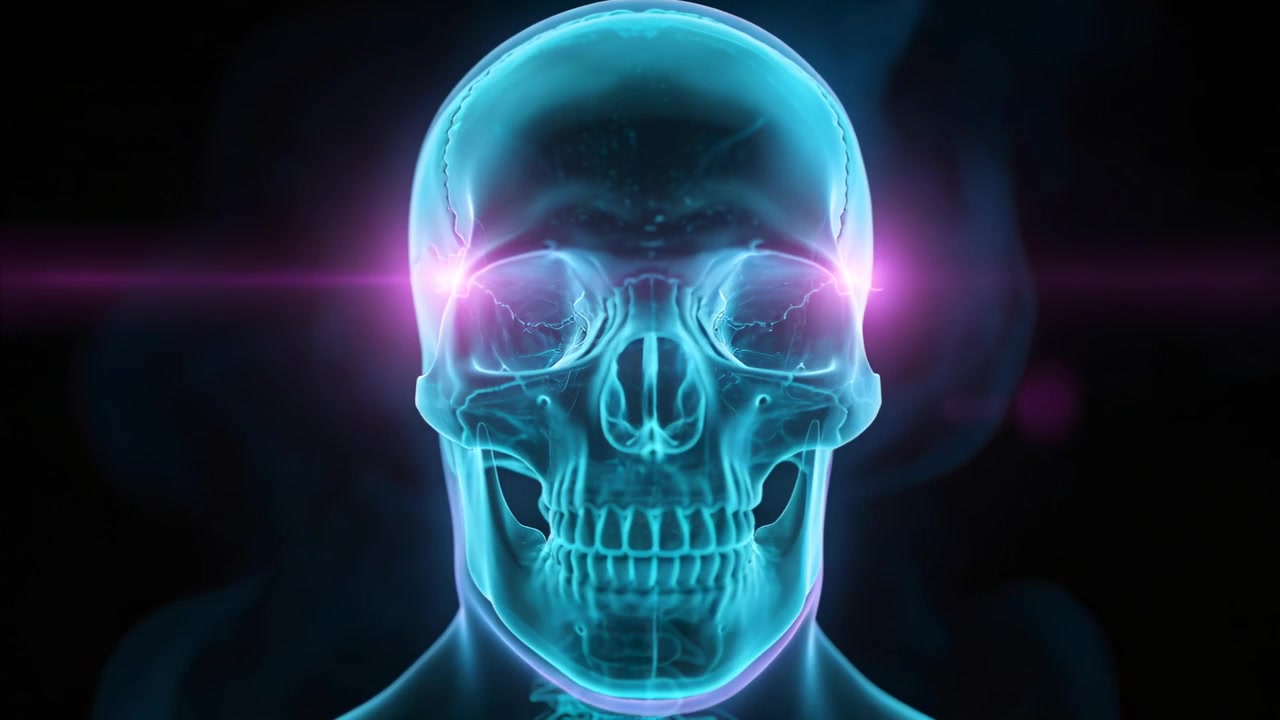 Impulso magenta che fa ruotare un teschio ciano trasparente, mostrando le vertebre cervicali nel vuoto e l'anatomia.