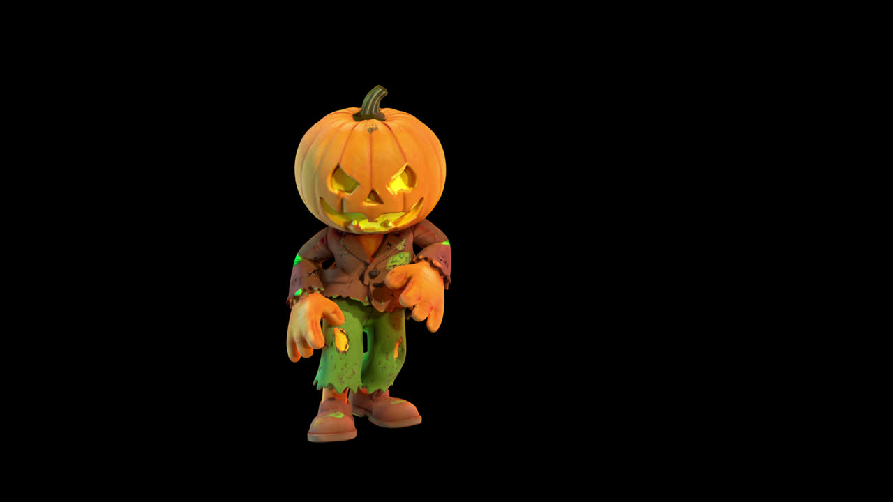 Personaggio zucca di Halloween animato in 3D che esegue una danza spettrale