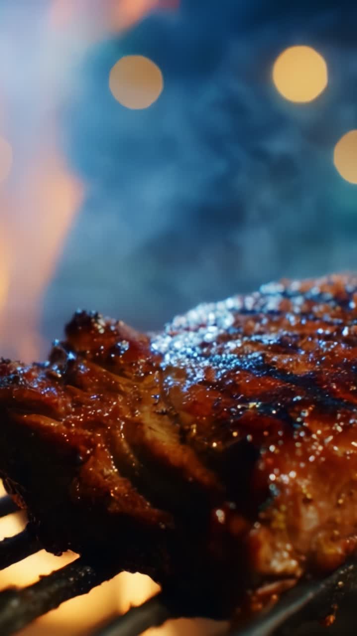 Succulenta carne alla griglia con condimento affumicato che luccica su una griglia per barbecue, circondata da luci bokeh suggestive che creano un'esperienza culinaria frizzante