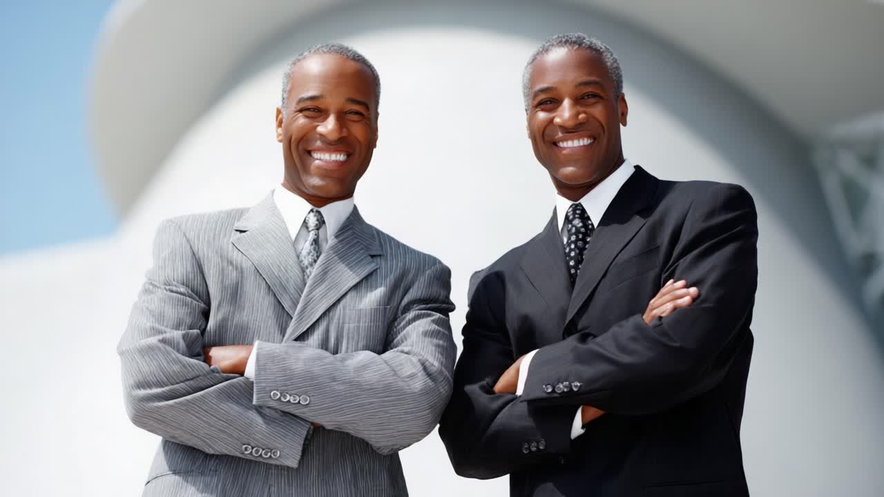 Two Professional Men Smiling Confidently in Stylish Suits Posing Together with Background of Modern Architecture and Clear Sky