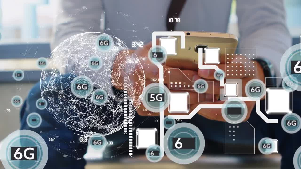 animación de iconos de 6g cayendo sobre hombres que usan teléfonos inteligentes