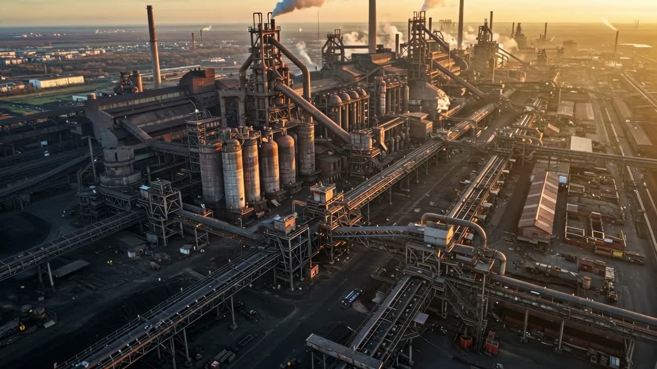 The sprawling industrial complex bathed in the warm glow of sunset exhibits an extensive network of intricate machinery and diverse manufacturing processes at work
