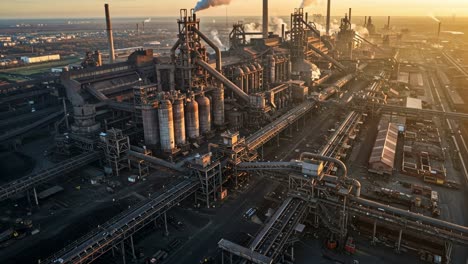 the sprawling industrial complex bathed in the warm glow of sunset exhibits an extensive network of intricate machinery and diverse manufacturing processes at work