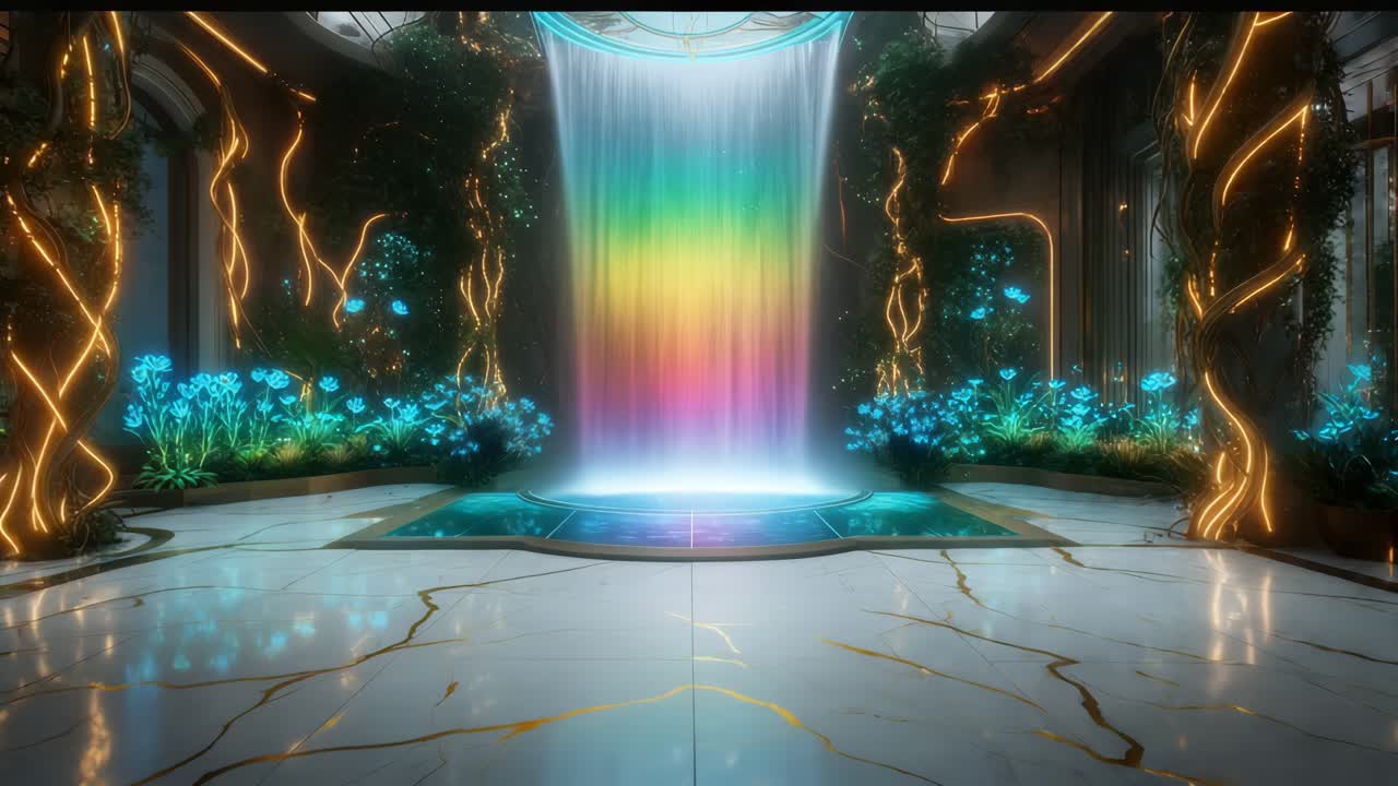 빛나는 식물과 꽃으로 미래의 폭포 인테리어 디자인