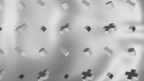 animation of rows of 3d crosses, cylinders, cubes and triangles rotating over grey moving background