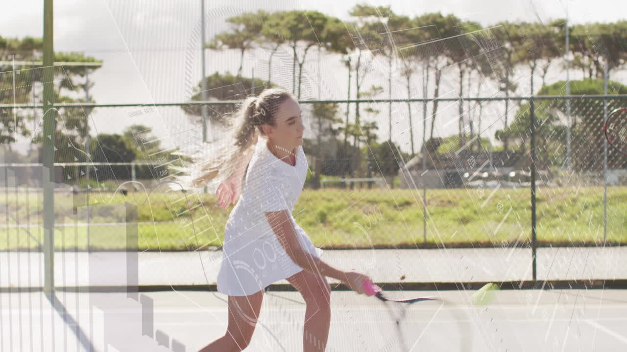 woman swinging racket on outdoor tennis court, displaying animated speed gauge and technology chart