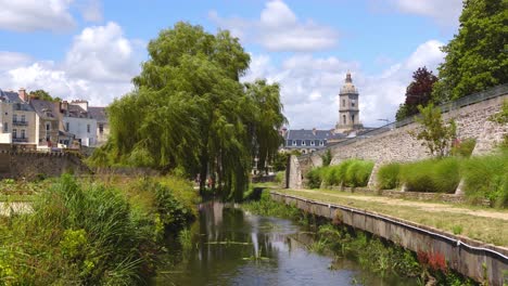 peaceful river scene in a historic european town