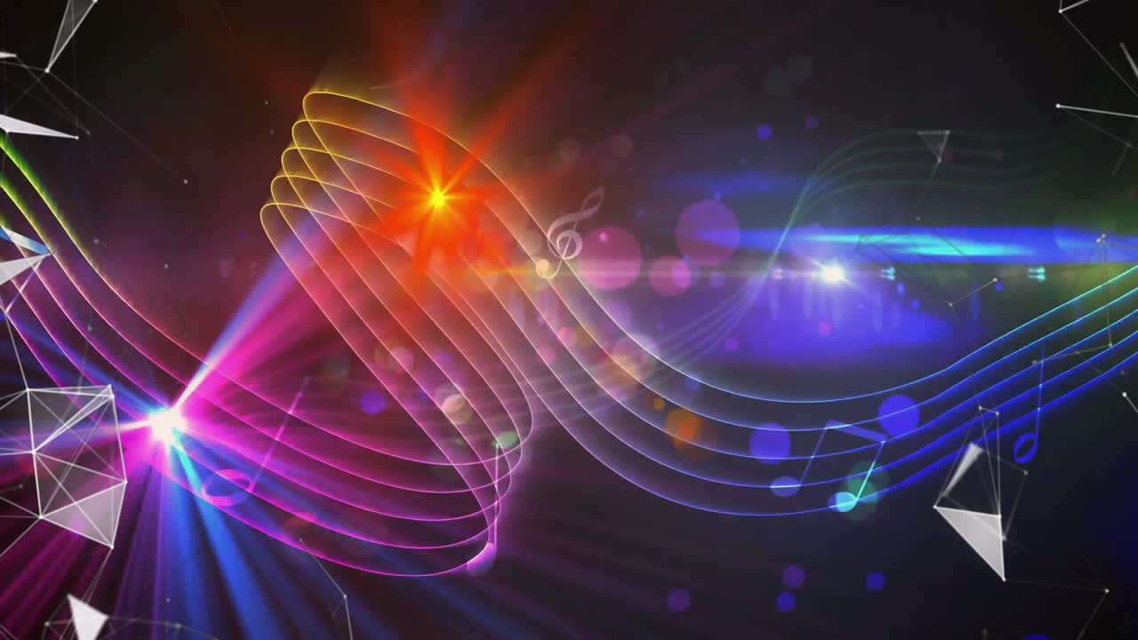 Neon wave ribbons sweeping across dark void, glowing bokeh orbs and wireframe prisms floating