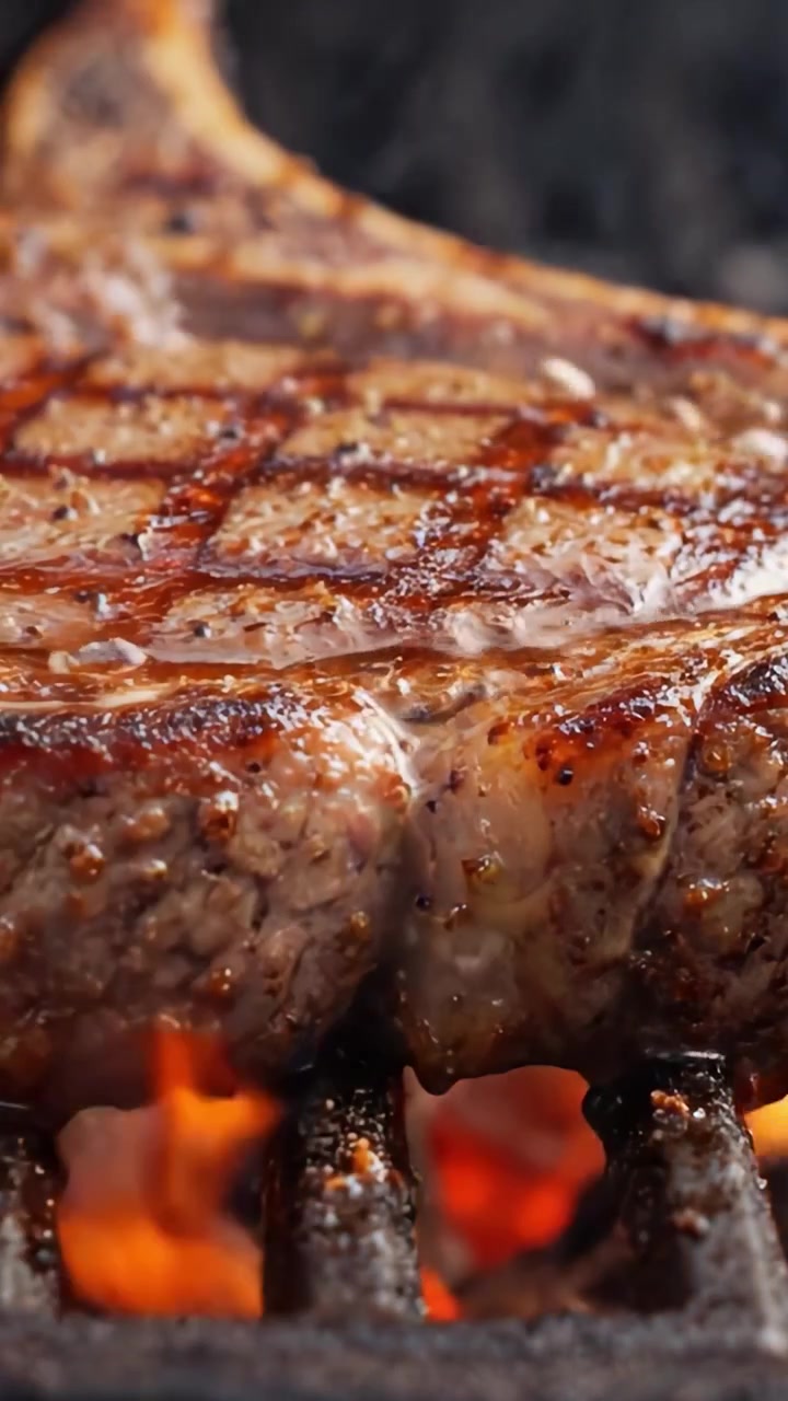 Bistecca sfrigolante sulla griglia: Un primo piano di carne succosa che cuoce su carboni ardenti con fumo e sapore intenso per la perfetta esperienza alla griglia