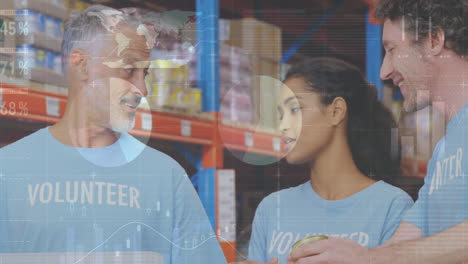 statistical data processing over diverse male and female volunteers checking donations at warehouse