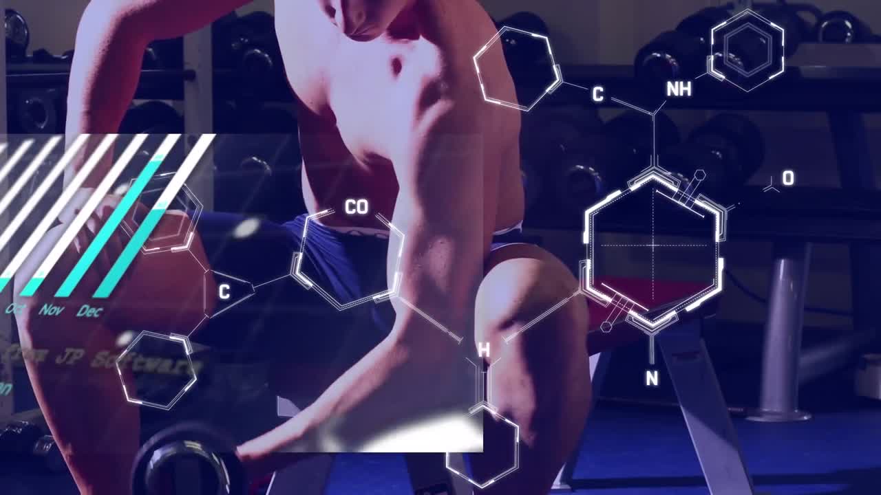 анимация обработки данных над белым человеком, занимающимся в тренажерном зале