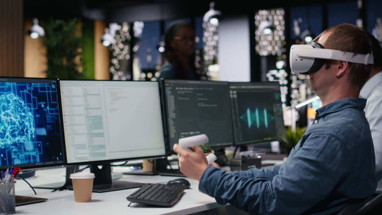Man Using VR Headset and Controllers in Modern Tech Office